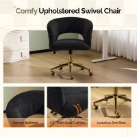 VINGLI Modern Curved Office & Vanity Desk Chair, Cute Upholstered Nail Chair with Wheels & 360° Swivel & Club & Tilting & Gold Base, for Bedroom, Living Room, Makeup, Velvet Chenille, Black - Image 5