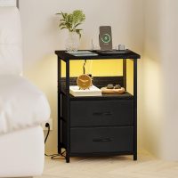Fixwal Night Stand with Charging Station, LED Nightstand with U-S-B Ports and Outlets, 2 Fabric Storage Drawers with PU Finish, Small Bedside Table, Black - Image 6