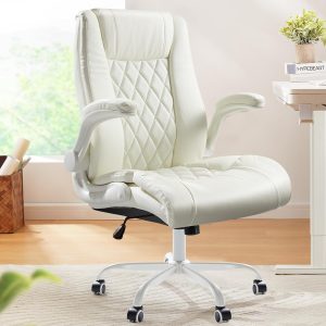 Marsail Executive Office Chair with Flip-up Armrests,PU Leather Ergonomic Desk Chair Height-Adjustable Swivel Rolling Computer Desk Chair (White)