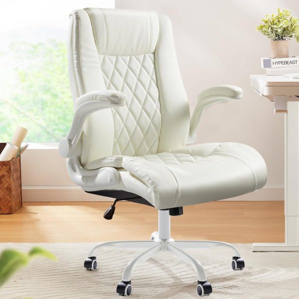 Marsail Executive Office Chair with Flip-up Armrests,PU Leather Ergonomic Desk Chair Height-Adjustable Swivel Rolling Computer Desk Chair (White)