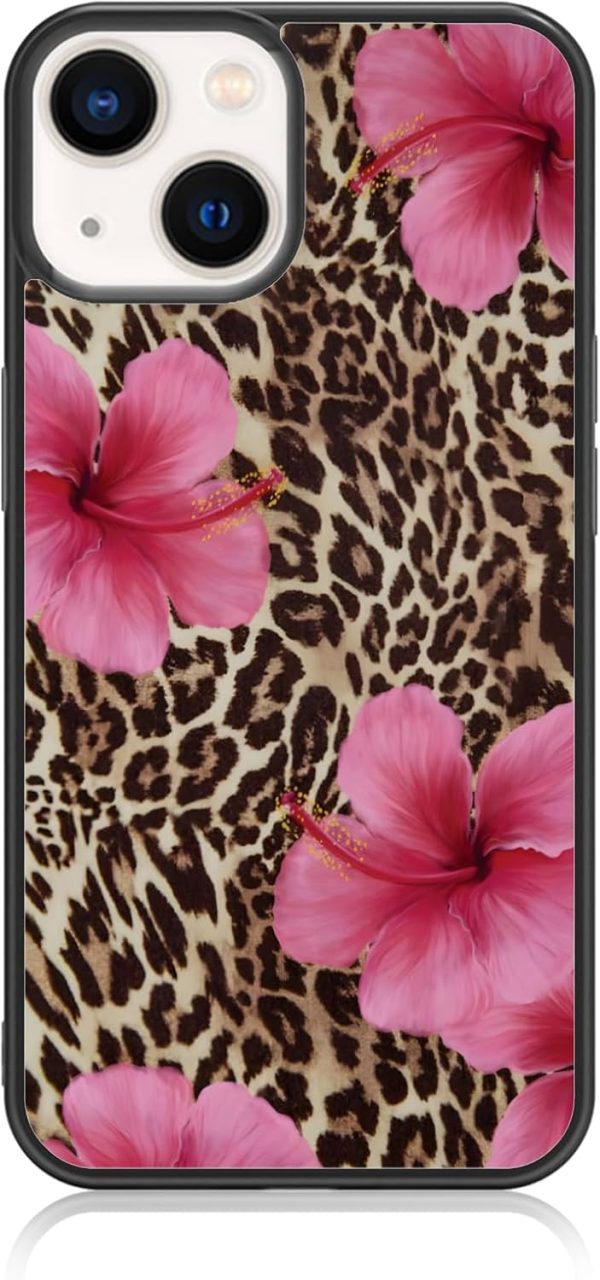 Cute Pink Hibiscus Flowers Leopard Cheetah Print Aesthetic Phone Case for iPhone 14 & iPhone 13 Case for Women Girls -6.1Inch