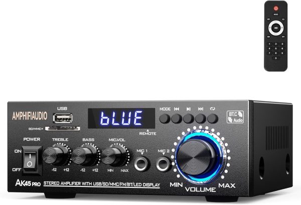 AK45 Pro Stereo Amplifier Home Audio Stereo Receivers,Rated Power 50W x2, Max 800W, Bluetooth 5.0 2.0 Channel Audio Receiver for Home Theater Speakers w/USB/SD/RCA/2 MIC in for Garage