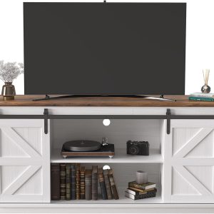 JUMMICO TV Stand for 65 Inch TV, Entertainment Center with Storage Cabinets and Sliding Barn Doors, Mid Century Modern Media TV Console Table for Living Room Bedroom (Bright White)