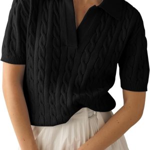 Imily Bela Women's Cable Short Sleeve Sweaters Tops Solid Lapel V Neck Knit Casual Soft Pullover Shirt