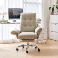 EMIAH Office Chair with Foot Rest Criss Cross Chair with Wheels and Flip-up Arms Reclining Desk Chair Comfy Wide Seat PU Leather Rolling Computer Home Office Chair (Beige) - Image 2
