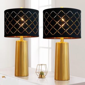 RORIANO Set of 2 Modern Table Lamps for Living Room Bedroom, Gold Nightstand Resin Lamps with Black Grid Shade, Contemporary Desk Lamps for Bedside End Tables, 2 Bulbs Included (Gold)