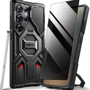 TONGATE Magnetic for Samsung Galaxy S25 Ultra Case with Privacy Screen Protector, [Compatible with MagSafe][Camera Protective Cover][Military-Grade Protection] Ring Stand Phone Case S25 Ultra, Black