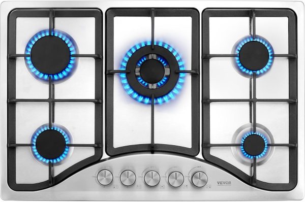 VEVOR 30-inch Gas Cooktop, 5 Burners Built-in Gas Stove Top, Max 12250BTU NG/LPG Convertible Stainless Steel Natural Gas Hob, with Thermocouple Protection for Camping, RV, Apartment
