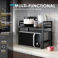 DOLALIKE Microwave Oven Rack, Expandable Microwave Stand Countertop Kitchen Utensils Tableware Storage, Carbon Steel Over Microwave Shelf Countertop with 3 Hooks - Image 3