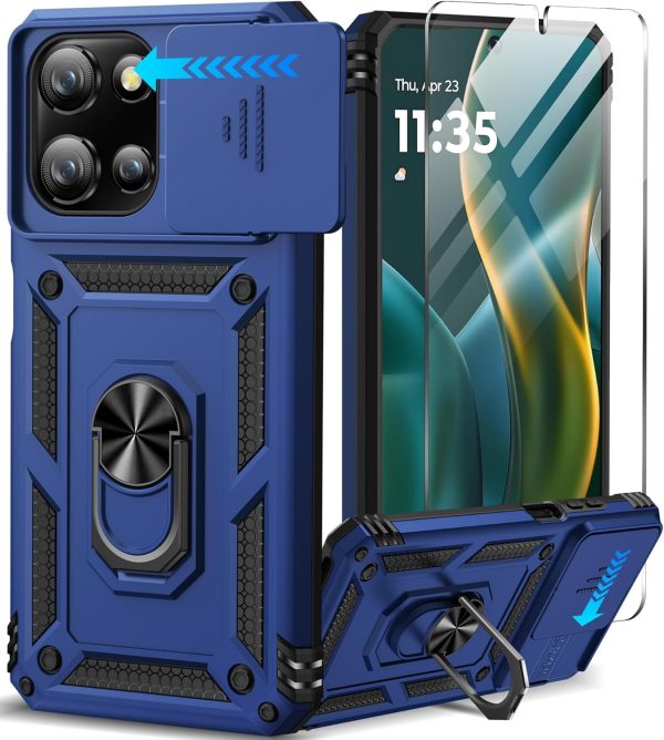 Taisairu for Motorola Moto G 5G 2025 Case with Screen Protector & Slide Camera Lens Cover, Built-in 360°Rotate Magnetic Ring Stand Shockproof Protective Phone Case for Moto G 2025 Case (Blue)