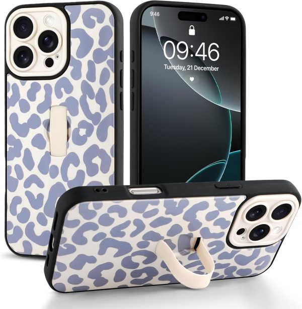 Compatible with iPhone 16 Pro Max Case with Finger Hand Strap Kickstand, Trendy Cool Leopard Cheetah Print Phone Case for Women Men, Full Camera Protection Shockproof Protective Cover, White