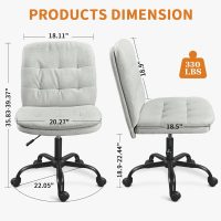 Home Office Desk Chair Comfy - Armless Criss Cross Chair with Wheels Vanity Chair Office Chairs Rolling Swivel Height Adjustable for Adults - Light Grey - Image 2