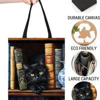 Cute Cat Books Print Canvas Tote Bag for Women, Chic Reusable Grocery Shoulder Bag for Shopping, Work, Travel, Daily life - Image 3