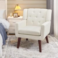 Living&Giving Accent Chair Button-Tufted Upholstered Living Room Chairs Comfy Reading Mid Century Modern with Linen Fabric Lounge Arm for Bedroom (Beige) 29.33D x 28.94W x 34.65H Inch - Image 4