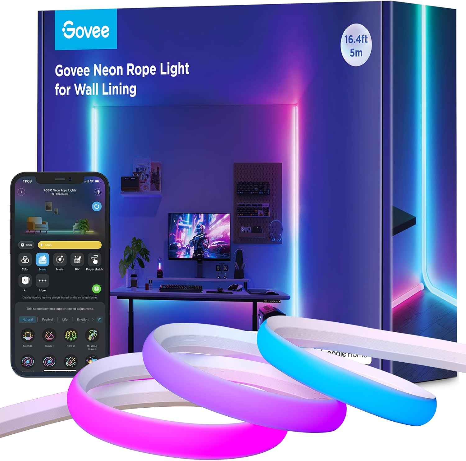 Govee Neon Rope Light for Wall Lining, LED Rope Lights Work with Matter, Google Assistant, Alexa, 16.4ft RGBIC Strip Lights with Smart App Control and Music Sync for Living Room, Bedroom, Wall Corners