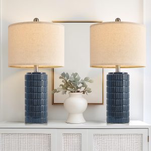 PoKat 23" Blue Table Lamps, Farmhouse Bedside Lamps for Bedroom Set of 2, Ceramic End Table Lamps for Living Room, Traditional Nightstand Desk Lamps, Medium