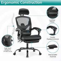 DUMOS Home Office Desk Chair with Footrest, High-Back Mesh Rolling Swivel Reclining Chairs with Wheels, Comfortable Headrest, Lumbar Support, Comfy Arms for Home, Office, Gaming, Student, Inky - Image 4