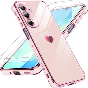 LeYi for Galaxy A16-5G Phone Case: Tempered Glass Screen Protector [2 Pcs]+ Full Camera Lens Protection,Love Heart Plating Luxury Shockproof Phone Case para Samsung A 16 5G Cute,Pink