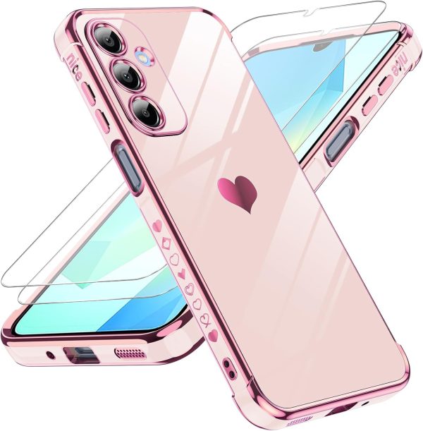 LeYi for Galaxy A16-5G Phone Case: Tempered Glass Screen Protector [2 Pcs]+ Full Camera Lens Protection,Love Heart Plating Luxury Shockproof Phone Case para Samsung A 16 5G Cute,Pink