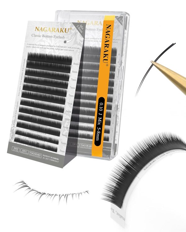 NAGARAKU Bottom Eyelash Extensions Individual Lashes Classic Single Matte Black Soft Natural Faux Mink False Lashes 12 rows (0.10mm J curl 5-8mm Mix Tray)