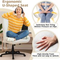 Criss Cross Chair with Wheels, Wide Cross Legged Office Chair Armless Comfy Desk Chair with Tall Back Vanity Chairs with Stress Relief Curved Design Seat for Bedroom & Office & Home Ivory White - Image 3