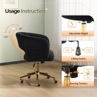 VINGLI Modern Curved Office & Vanity Desk Chair, Cute Upholstered Nail Chair with Wheels & 360° Swivel & Club & Tilting & Gold Base, for Bedroom, Living Room, Makeup, Velvet Chenille, Black - Image 7