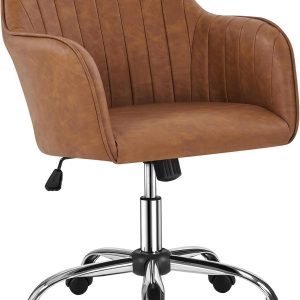 Yaheetech Modern Faux Leather Desk Chair Makeup Chair Height Adjustable Swivel Office Task Computer Armchair for Living Room Retro Brown