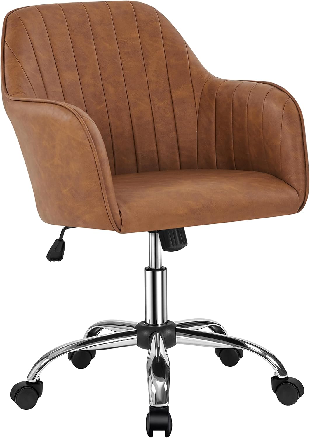Yaheetech Modern Faux Leather Desk Chair Makeup Chair Height Adjustable Swivel Office Task Computer Armchair for Living Room Retro Brown
