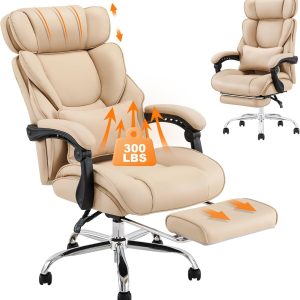 COLAMY Office Chair with Retractable Footrest, Ergonomic High Back Design Executive Computer Desk Chair with Removable Lumbar Pillow, 90-135°Reclining, Thick Bonded Leather for Home Office Work, Khaki