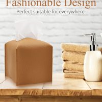 Livelab Tissue Box Cover, Modern Square Decorative PU Leather Facial Paper Case Organizer Holder Dispenser for Bathroom, Vanity Countertop, Night Stands, Desk, Car 5X5X5'' | Camel - Image 2