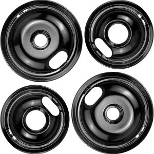 Stove Burner Drip Pans W10288051 Burner Covers-2 Packs 6” W10290353 Black Porcelain Burner Pans and 8" W10290350 Stove Top Covers for Electric Stove by Sikawai