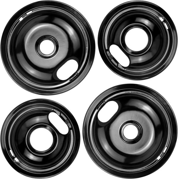 Stove Burner Drip Pans W10288051 Burner Covers-2 Packs 6” W10290353 Black Porcelain Burner Pans and 8" W10290350 Stove Top Covers for Electric Stove by Sikawai