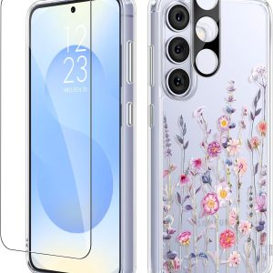 GVIEWIN for Samsung Galaxy S25 Plus Case with Screen Protector & Camera Lens Protector, [Non Yellowing] Clear Floral Hard Shockproof Bumper Women Phone Case for S25 Plus 6.7" (Floratopia/Colorful)