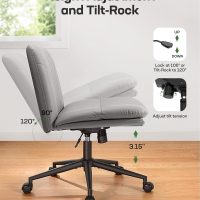 Marsail Armless-Office Desk Chair with Wheels: PU Leather Cross Legged Wide Chair,Comfortable Adjustable Swivel Computer Task Chairs for Home,Office,Make Up,Small Space,Bed Room, Grey - Image 6