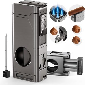 Cigar Torch Lighter, 4 Jet Flame Cigar Lighter with Cigar Cutter V Cut Cigar Accessories Cigar Holder Cigar Punch Cigar Draw Enhancer, Windproof Refillable Butane Lighter, Cigar Gifts for Men