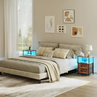 Nightstands Set of 2, Night Stand with Charging Station and Led Lights, Bedside Table with 2 Fabric Drawers for Bedroom, Small Side End Table with Open Shelf, Rustic Brown - Image 2