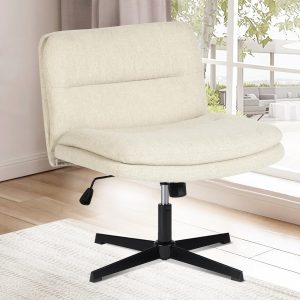 FurnitureR Armless Home Office Desk Chair Without Wheels - Comfortable Adjustable Swivel Criss Cross Chair, Upholstered Fabric Mid-Back for Bedroom, Vanity, Study, or Small Spaces - Linen Beige