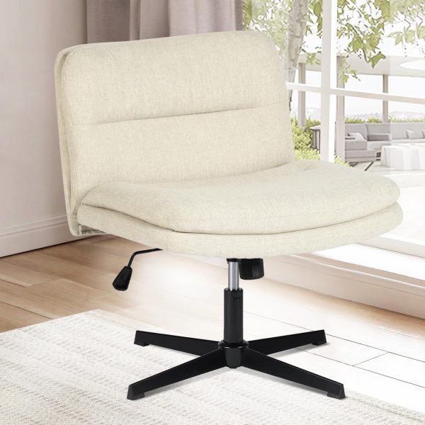 FurnitureR Armless Home Office Desk Chair Without Wheels - Comfortable Adjustable Swivel Criss Cross Chair, Upholstered Fabric Mid-Back for Bedroom, Vanity, Study, or Small Spaces - Linen Beige