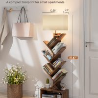 Evermagin 6 Tier Tree Bookshelf with Light, Narrow Bookcase Tower, Tall Floor Standing Book Organizer with Storage Cabinet for Living Room, Bedroom and Home Office, Rustic Brown - Image 2