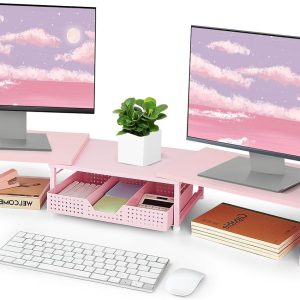 Desk Dual Monitor Stand Riser - Wood Desk Organizer with Drawer and Pen Holders, Office Desk Accessories & Workspace Organization, Computer Monitor Stand for Laptop Printer, Girl Pink