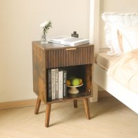 Mid Century Modern Nightstand, Wood Bedside Table with Drawer and Opening Storage, End Table Living Room Fluted Night Stand with Solid Wood Legs for Bedroom (Rustic Brown) - Image 2