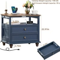 Farmhouse Nightstand Set of 2 with Charging Station, 24" Wide End Table with 2 Drawers,Wood Dresser for Bedroom,Bed Side Table Chest of Drawers Cabinet,Navy BlueNight Stand for Living Room - Image 3