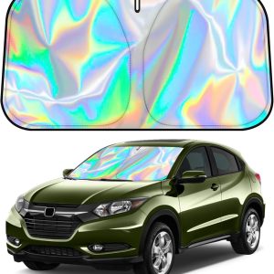D-Lumina Windshield Sun Shade for Honda HR-V 2016 2017 2018 2019 2020 2021 2022 HRV Accessories, Iridescent Reflective Front Window Sunshade Sun Visor Block UV Rays, Foldable 2 Layers 300D Material