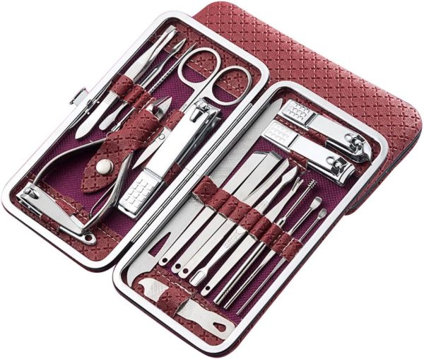 Nail Clippers, Stainless Steel Anti-Splash Nail Clippers, Nail Clippers with Flat Mouth Household File, for Manicure, Pedicure, Women and Men (19 Piece Set Red)