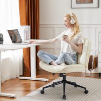 DUMOS Criss Cross Chair with Wheels, Legged Office Armless Wide Seat, Adjustable Swivel Leather Task Vanity Home Office Desk Seating for Bedroom Dorm Student - Image 9