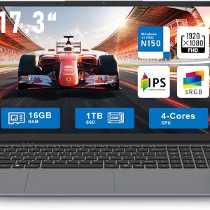 2025 17.3 Inch Laptop, N150 (4C/4T, Up to 3.6GHz) Gaming Laptop,16GB DDR4 1TB SSD Business Computer, WiFi 5 /BT4.2,Kensington Lock, Backlit Keyboard 6Hrs Battery/Mini HDMI/USB-C*3