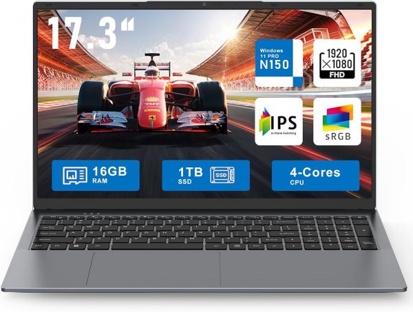2025 17.3 Inch Laptop, N150 (4C/4T, Up to 3.6GHz) Gaming Laptop,16GB DDR4 1TB SSD Business Computer, WiFi 5 /BT4.2,Kensington Lock, Backlit Keyboard 6Hrs Battery/Mini HDMI/USB-C*3