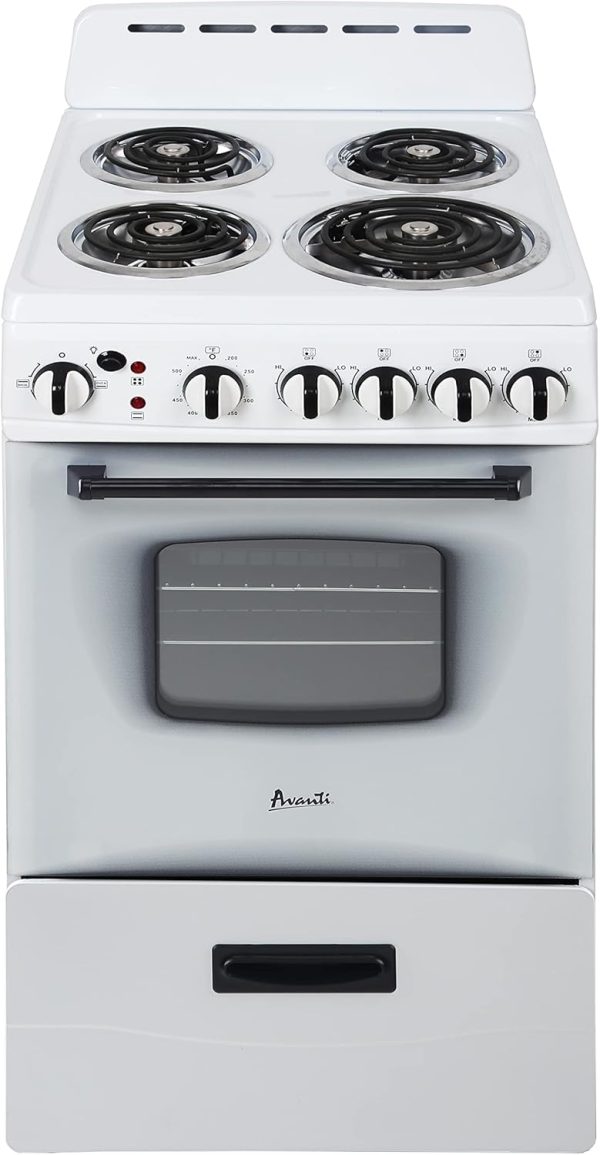 Avanti ERU200P0W Electric Range Oven Compact Design, 2.1-Cu.Ft. Capacity with 4 Coil Burners, Framed Glass Door, Storage Drawer and Broiler with Pan, 20-Inch, White