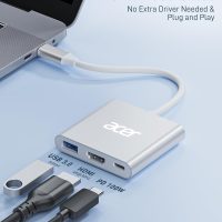 Acer USB C to HDMI Adapter, 4K USB C Hub with 100W PD, USBA 3.0 Port, HDMI to USBC Multiport Digital AV Converter for MacBook Pro/Air, iPad, Tablets, Switch, TV, Monitor and More (Silver) - Image 2
