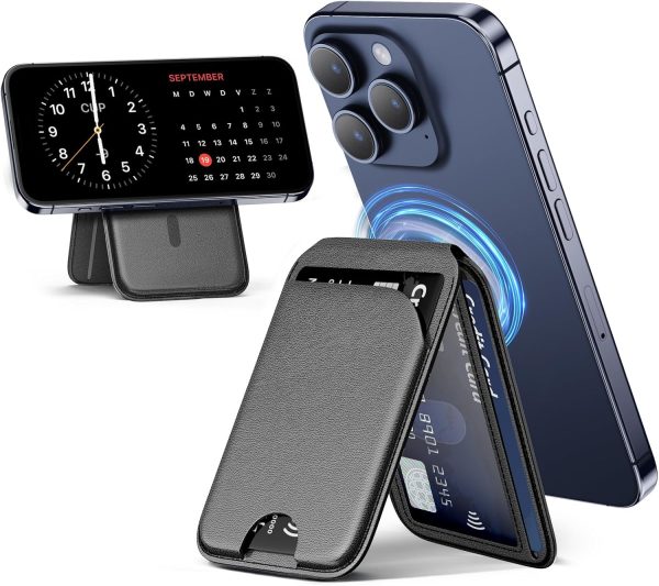 Mag-Safe Wallet Magnetic Wallet for Phone Lightweight Magnetic Phone Pouch Stand Adjustable Leather Mag-Safe Card Holder for iPhone 16/15/14/13/12 Series, Not for iPhone 13/12 Mini (Black)